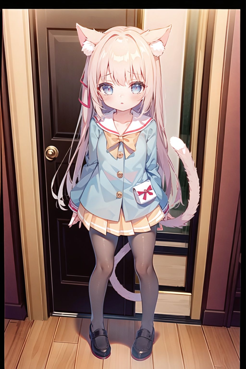 (8k, RAW photo, best quality, masterpiece:1.4),1girl,full body,first-person view,Grey hair,cat girl,tail,blue_eyes,serafuku,pantyhose,kisaragi-azur-lane