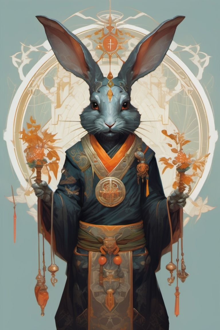 Anthropomorphized black rabbit monk, centered, portrait, symmetrical, Path of Exile, Diablo, Warhammer, digital painting, highly detailed, concept art, Nekro, Peter Mohrbacher, Alphonse Mucha, Brian Froud, Yoshitaka Amano, Kim Keever, Victo Ngai, James Jean
