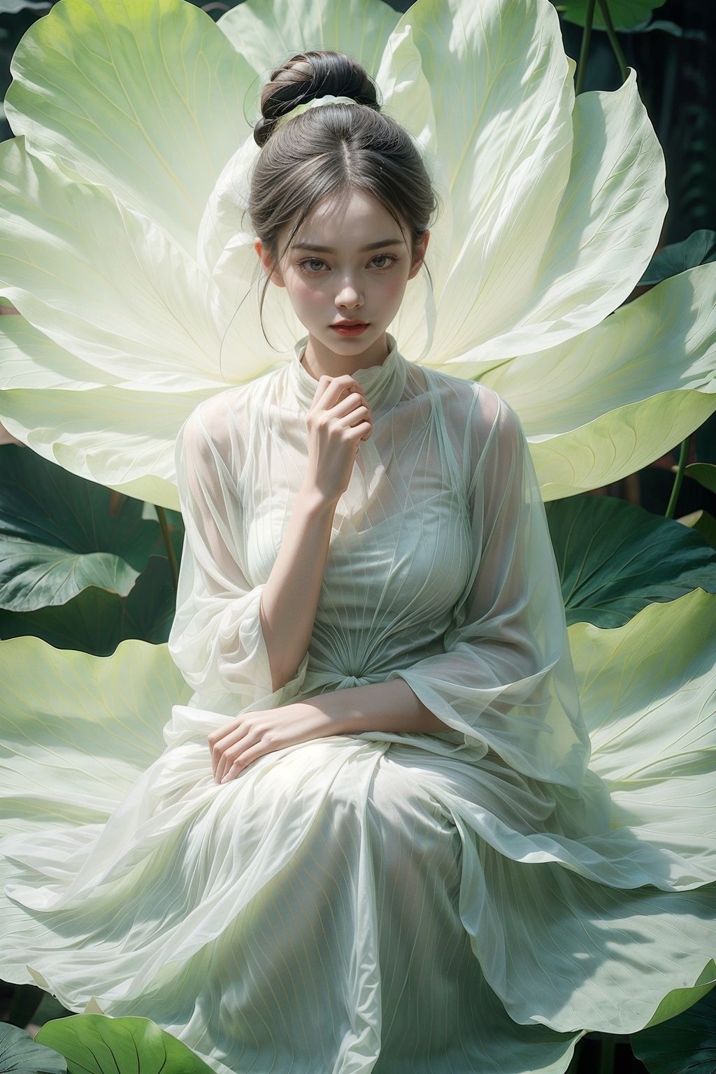 1 girl, solo, giant lotus leaf, black hair, dress, looking at the audience, white dress, hair bun, sitting, single hair bun, leaves, long sleeves, red lips, realistic <lora:add_detail(1):0.6> <lora:wlqc_20230806152502:0.65>