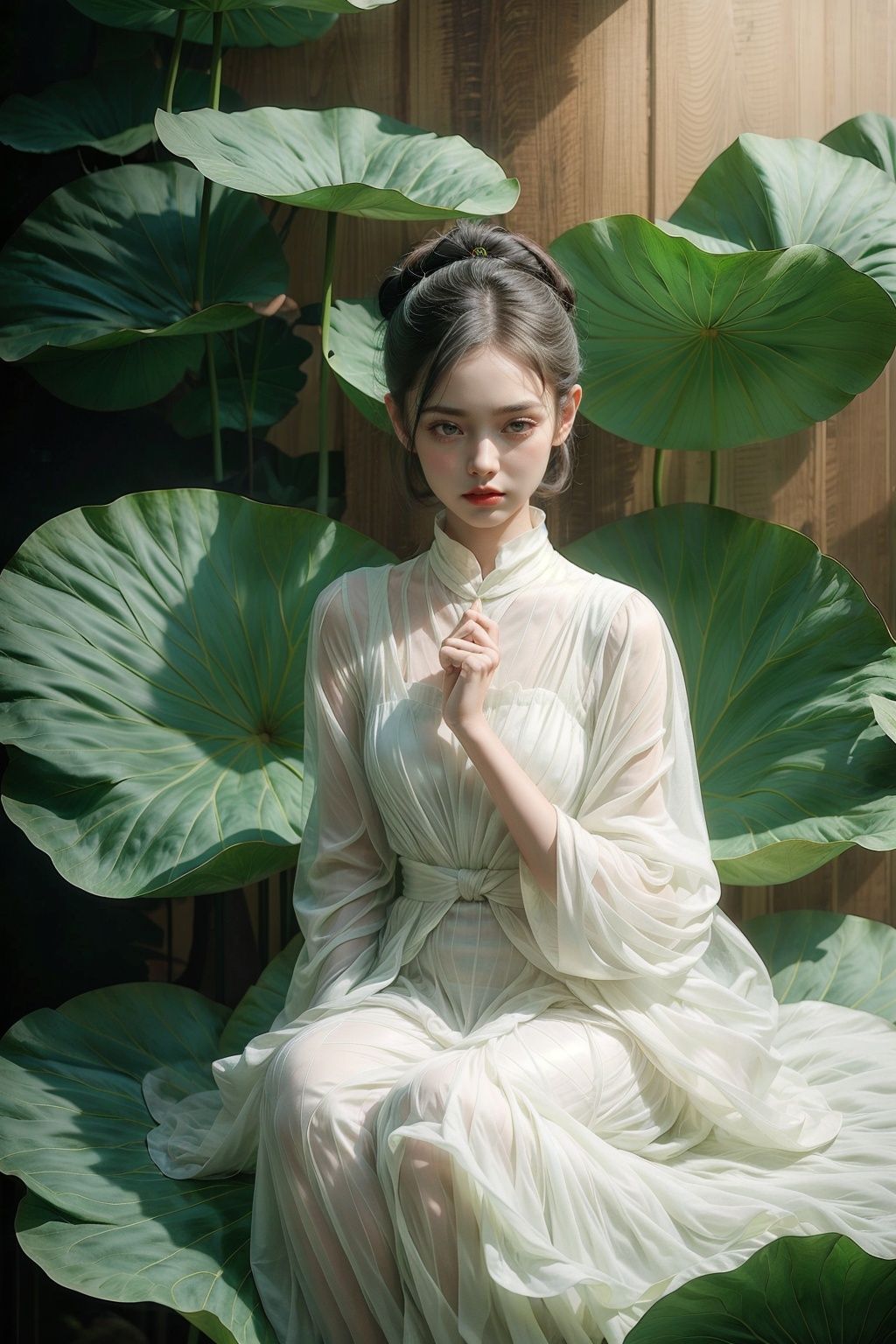 1 girl, solo, giant lotus leaf, black hair, dress, looking at the audience, white dress, hair bun, sitting, single hair bun, leaves, long sleeves, red lips, realistic <lora:add_detail(1):0.6> <lora:wlqc_20230806152502:0.65>