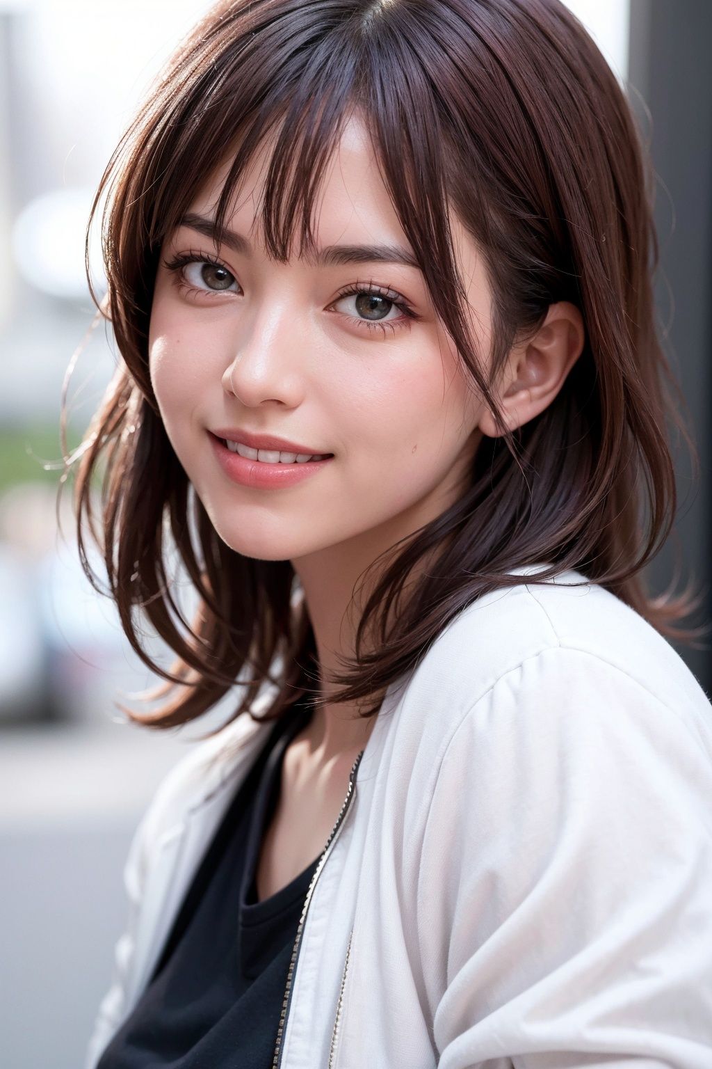 photorealistic, raw photo, 8k, HDR, cinematic lighting, sharp focus, absurd res,1girl, blush, dark red hair, smile, sidelighting, bangs, bright skin, white jacket,