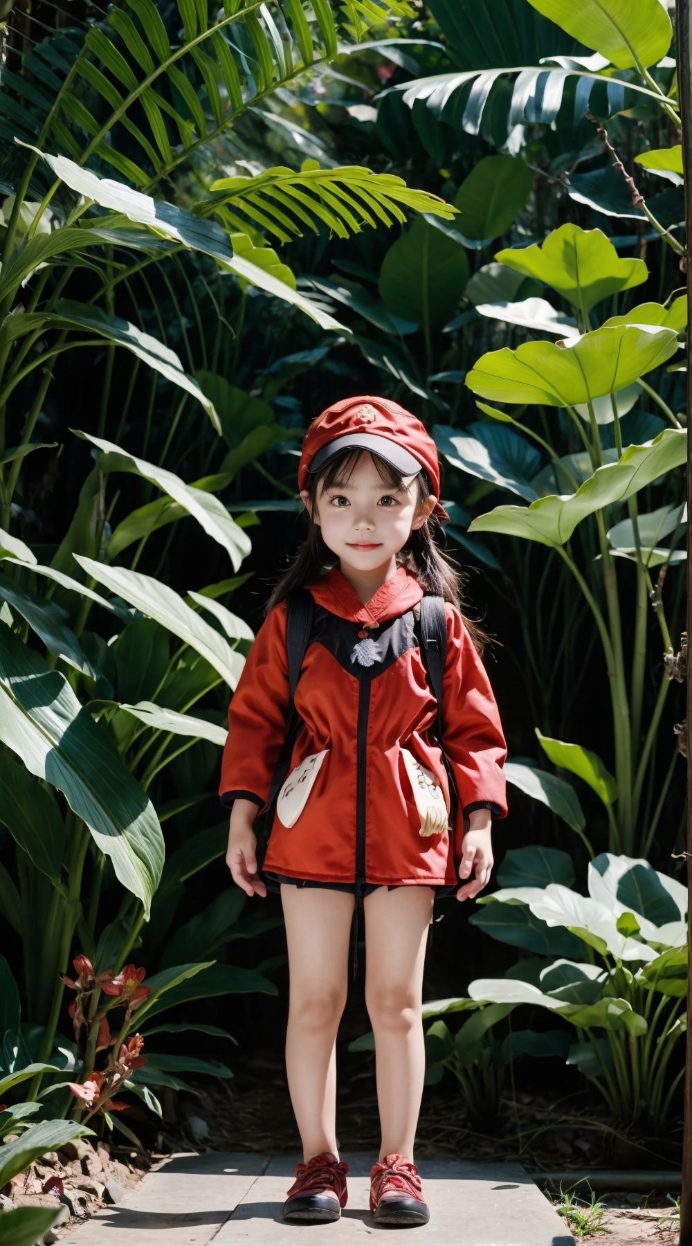 detailed illustration, kusanali,child, Blond hair,red dress, red eyes,hair ornament,knapsack,red hat, blush, full body, scenery, jungle ,32,高清, 