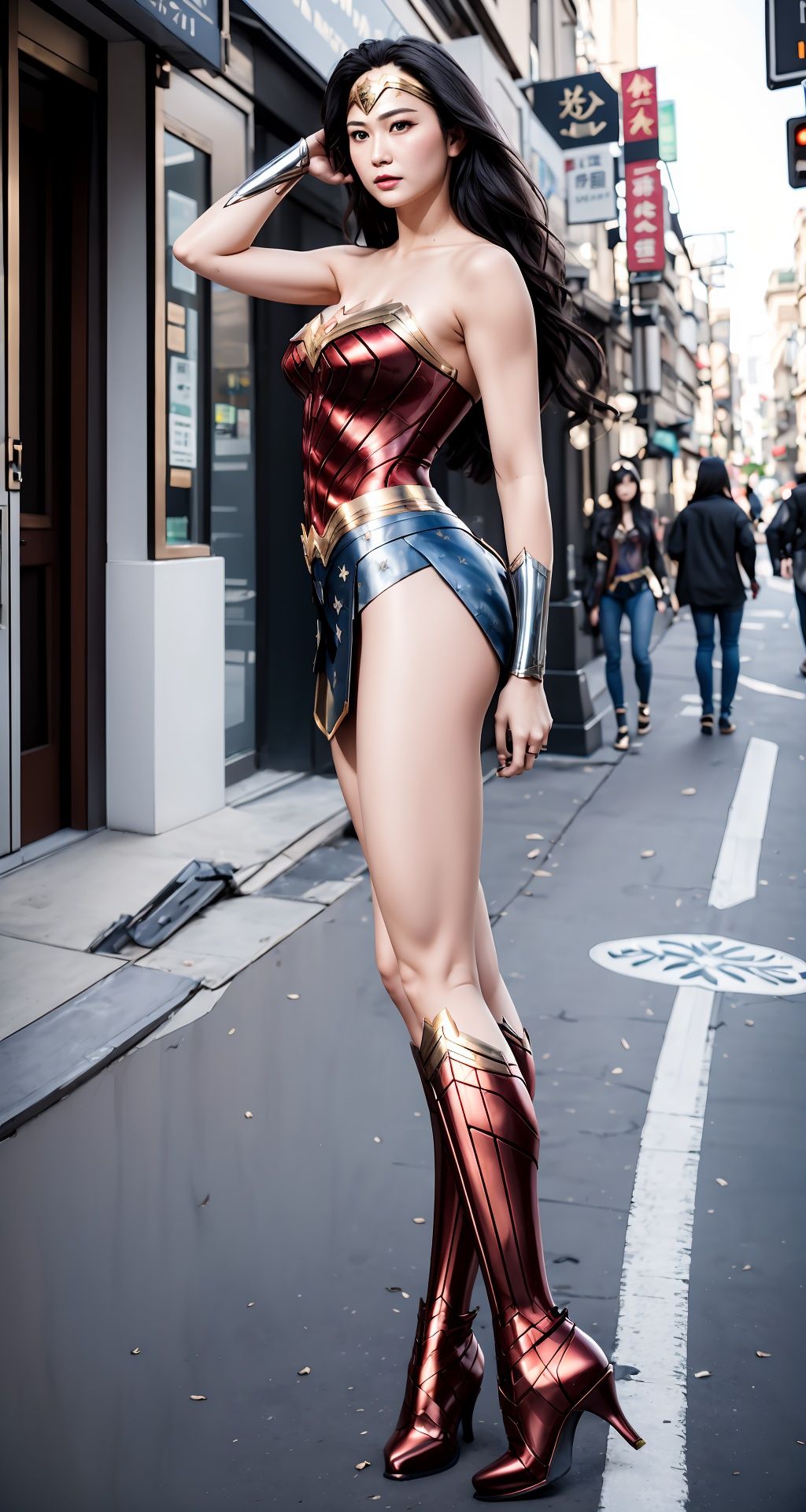 best quality, day, real, photo, 1girl, (half body),long hair, blush, embarrassed ,straight hair, dynamic pose on the street. large breasts  ,Update,Lighting,Detail,细节,优化,光影,Super long legs,Wonder woman,FMG,Real, <lora:EMS-14413-EMS:0.6>, <lora:EMS-14454-EMS:0.3>, <lora:EMS-22969-EMS:0.8>, <lora:EMS-22213-EMS:0.6>