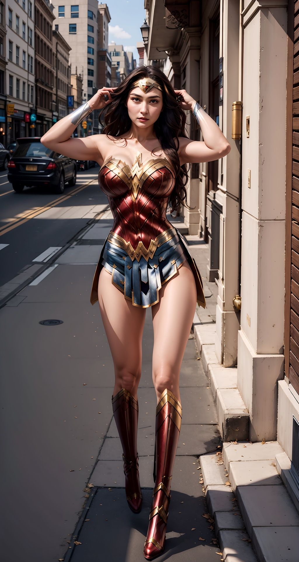 best quality, day, real, photo, 1girl, (half body),long hair, blush, embarrassed ,straight hair, dynamic pose on the street. large breasts  ,Update,Lighting,Detail,细节,优化,光影,Super long legs,Wonder woman, <lora:EMS-14413-EMS:0.6>, <lora:EMS-20686-EMS:0.4>, <lora:EMS-14454-EMS:0.3>, <lora:EMS-22969-EMS:0.8>