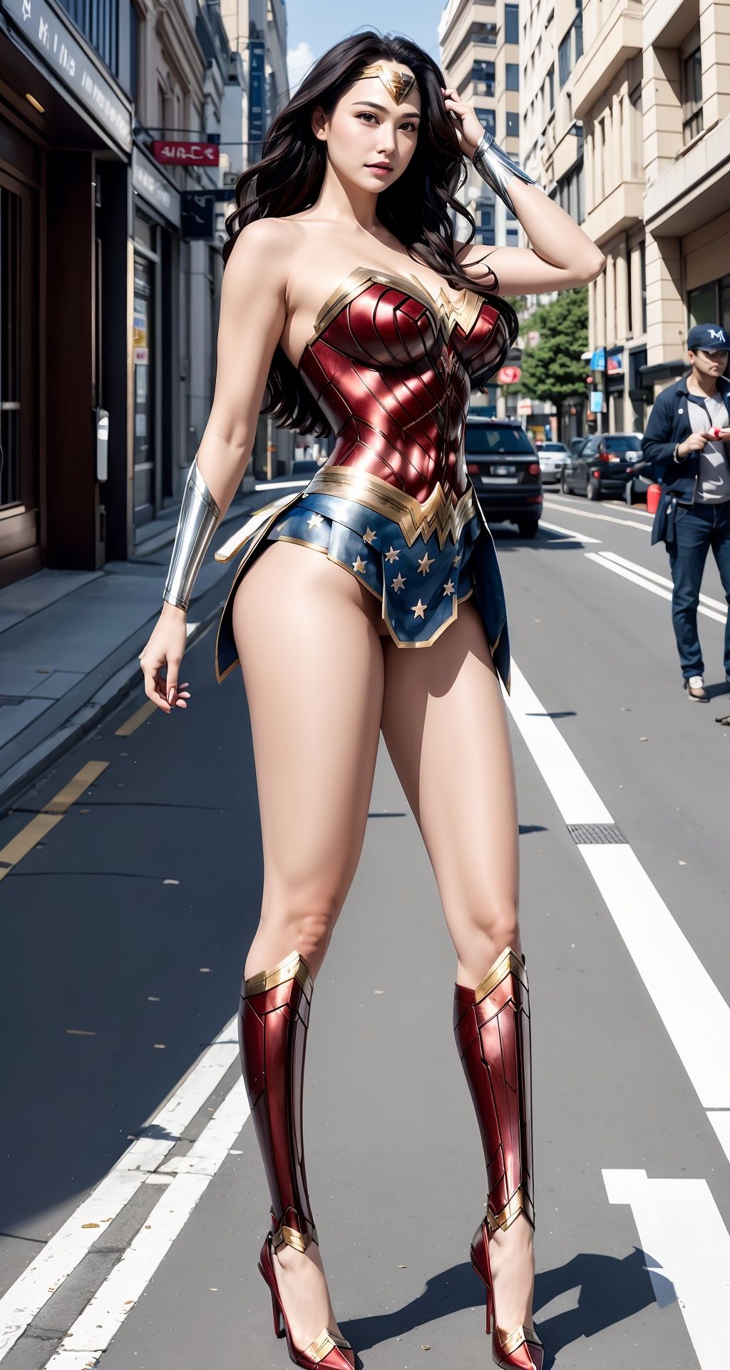 best quality, day, real, photo, 1girl, (half body),long hair, blush, embarrassed ,straight hair, dynamic pose on the street. large breasts  ,Update,Lighting,Detail,细节,优化,光影,Super long legs,Wonder woman, <lora:EMS-22969-EMS:0.8>, <lora:EMS-14413-EMS:0.6>, <lora:EMS-20686-EMS:0.4>, <lora:EMS-14454-EMS:0.3>