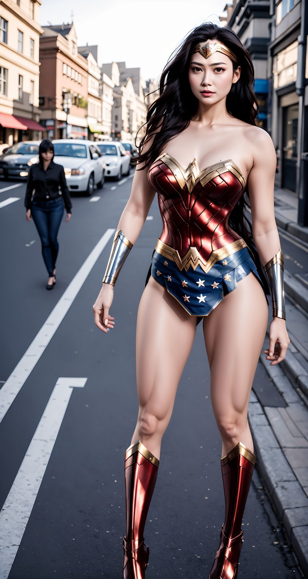 best quality, day, real, photo, 1girl, (half body),long hair, blush, embarrassed ,straight hair, dynamic pose on the street. large breasts  ,Update,Lighting,Detail,细节,优化,光影,Super long legs,Wonder woman,FMG,Real, <lora:EMS-14413-EMS:0.6>, <lora:EMS-14454-EMS:0.3>, <lora:EMS-22969-EMS:0.8>, <lora:EMS-22213-EMS:0.6>