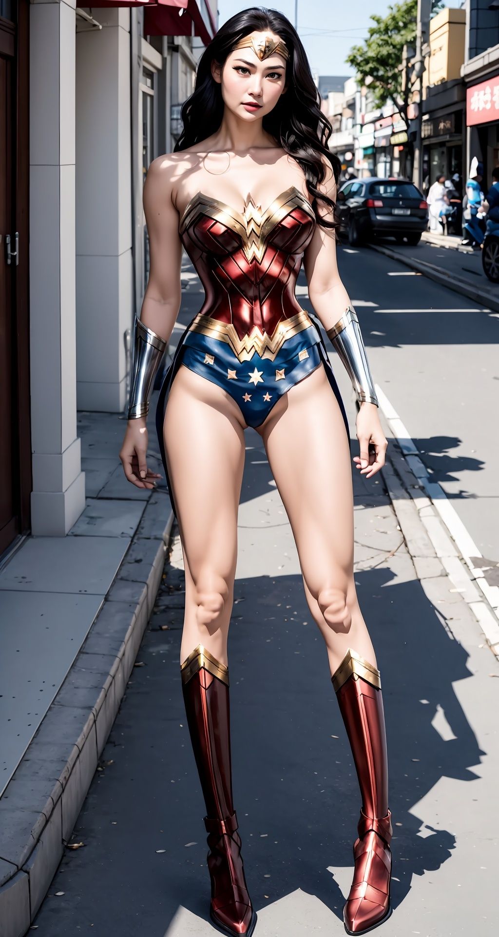 best quality, day, real, photo, 1girl, (half body),long hair, blush, embarrassed ,straight hair, dynamic pose on the street. large breasts  ,Update,Lighting,Detail,细节,优化,光影,Super long legs,Wonder woman,FMG,Real, <lora:EMS-14413-EMS:0.6>, <lora:EMS-14454-EMS:0.3>, <lora:EMS-22969-EMS:0.8>, <lora:EMS-22213-EMS:0.6>