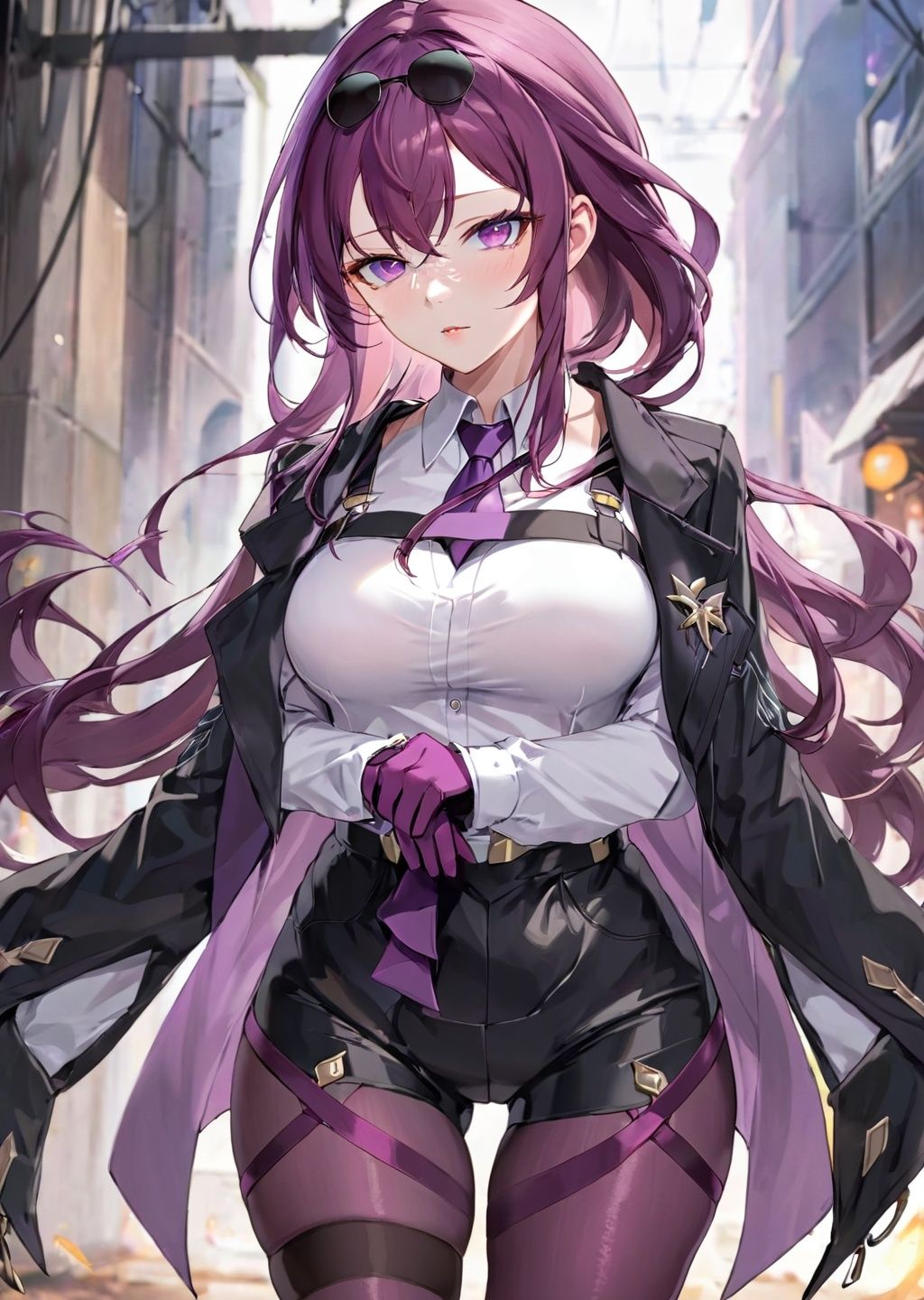 anime,masterpiece,best quality,ultra detailed,official art,beauty and aesthetics,detailed,highly detailed,kafuka,1girl,solo,gloves,purple hair,breasts,long hair,(sunglasses:1.2),looking at viewer,shirt,eyewear on head,long sleeves,purple eyes,white shirt,bangs,holding,large breasts,pantyhose,coat,necktie,collared shirt,scathach (fate),jacket on shoulders,shorts,cowboy shot,hair between eyes,standing,parted lips,jacket,purple gloves,holding eyewear,black shorts<lora:kafuka_xl:0.65>
