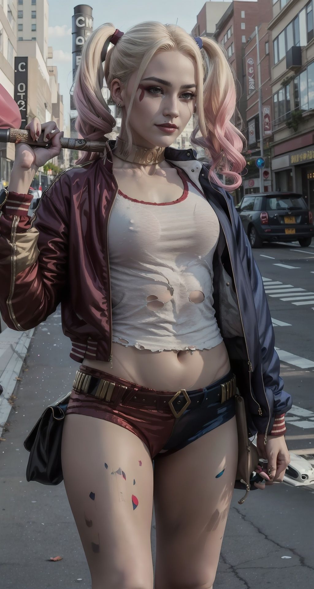 best quality, day, real, photo, 1girl, (half body),long hair, blush, embarrassed ,straight hair, dynamic pose on the street. large breasts  ,Update,Lighting,Detail,细节,R3D4NDBLU3,torn pantyhose,Real,优化. White mini shirt.,优化, <lora:EMS-14413-EMS:0.6>, <lora:EMS-22974-EMS:0.8>, <lora:EMS-14469-EMS:0.3>, <lora:EMS-15581-EMS:0.5>