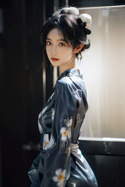 sc, masterpiece, best quality, highres, Ultra High Resolution,(Realisticity:1.4), Original Photo, photorealistic, realistic, pale skin, (black eyes:1.4), (simple background, depth of field, solid background:1.4), dramatic lighting, glowing, light particles, sparkle, trending on artstation, trending on CGsociety, Intricate, high detail, volumetric lighting, Cinematic Lighting, backlighting, Naoyuki Obayashi,1girl, solo, ((cowboy shot:1.4)), looking at viewer, long hair, ((black hair:1.4, hair bun, bangs)), (very long hair:1.4), floral print dress, hanfu, china dress, smile, night, dark theme,<lora:赛博国风_旗袍_v1:0.8:CLOTHING><lora:SCGIRL:0.6:FACE>