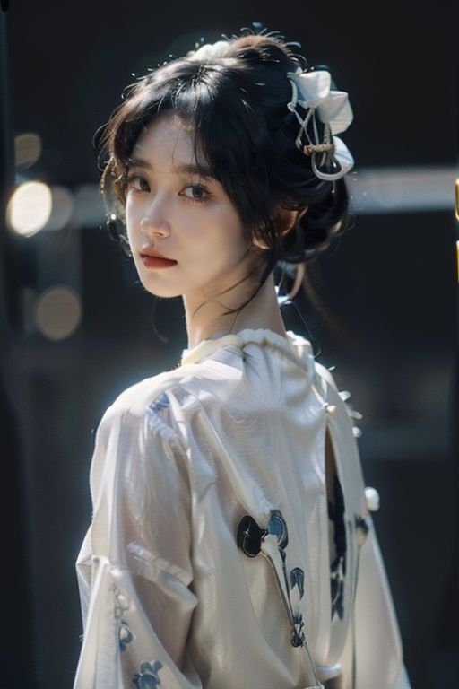 sc, masterpiece, best quality, highres, Ultra High Resolution,(Realisticity:1.4), Original Photo, photorealistic, realistic, pale skin, (black eyes:1.4), (simple background, depth of field, solid background), dramatic lighting, glowing, light particles, sparkle, trending on artstation, trending on CGsociety, Intricate, high detail, dramatic, volumetric lighting, Cinematic Lighting, backlighting, Naoyuki Obayashi,1girl, solo, ((cowboy shot:1.4)), looking at viewer, long hair, ((blackhair:1.4, hair bun)), long hair, floral print dress, china dress, qipao, cheongsam,<lora:FilmPortrait_v1.0:0.3:BODY> <lora:SCGIRL:0.6> <lora:赛博国风_旗袍_v1:0.6:CLOTHING>