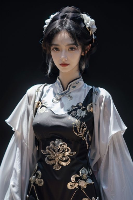 sc, masterpiece, best quality, highres, Ultra High Resolution,(Realisticity:1.4), Original Photo, photorealistic, realistic, pale skin, (black eyes:1.4), (simple background, depth of field, solid background:1.4), dramatic lighting, glowing, light particles, sparkle, trending on artstation, trending on CGsociety, Intricate, high detail, volumetric lighting, Cinematic Lighting, backlighting, Naoyuki Obayashi,1girl, solo, ((cowboy shot:1.4)), looking at viewer, long hair, ((black hair:1.4, hair bun, bangs)), (very long hair:1.4), floral print dress, hanfu, china dress, smile, night, dark theme,<lora:赛博国风_旗袍_v1:0.8:CLOTHING><lora:SCGIRL:0.6:FACE>