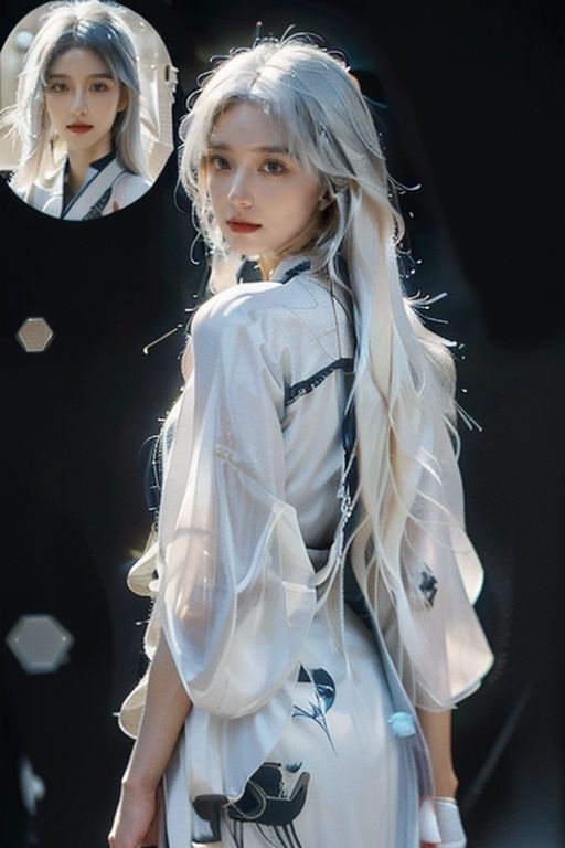 sc, masterpiece, best quality, highres, Ultra High Resolution,(Realisticity:1.4), Original Photo, photorealistic, realistic, pale skin, (black eyes:1.4), (simple background, depth of field, solid background), dramatic lighting, glowing, light particles, sparkle, trending on artstation, trending on CGsociety, Intricate, high detail, dramatic, volumetric lighting, Cinematic Lighting, backlighting, Naoyuki Obayashi,1girl, solo, ((cowboy shot:1.4)), looking at viewer, long hair, ((white hair:1.4)), long hair, floral print dress, china dress, qipao, cheongsam,<lora:FilmPortrait_v1.0:0.3:BODY> <lora:SCGIRL:0.6> <lora:赛博国风_旗袍_v1:0.8:CLOTHING>