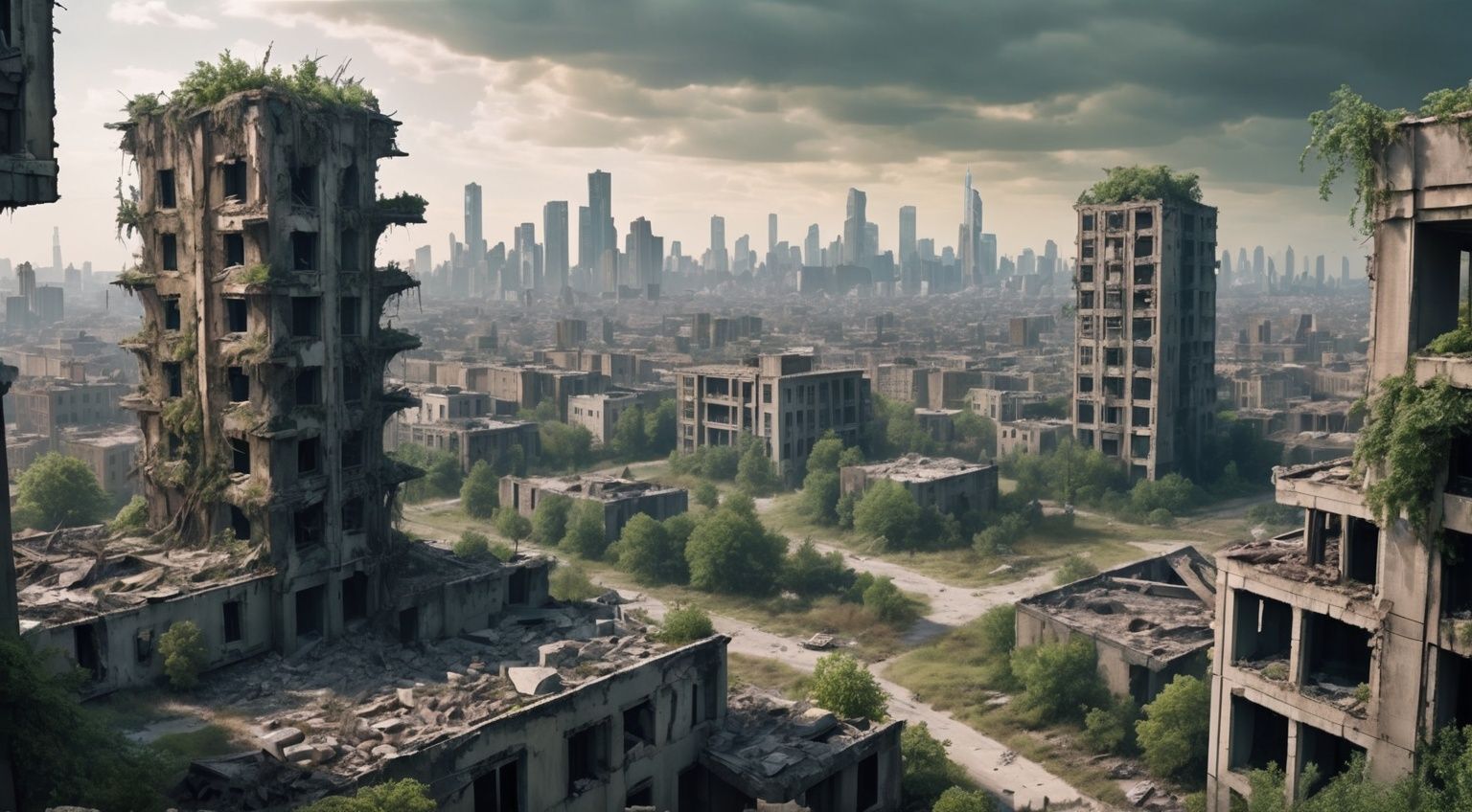 scenery, no humans, building, tree, outdoors, ruins, from above, city, cityscape (doomsday wasteland style:1.2), dystopianism, future urban ruins, reality, realistic style, 
