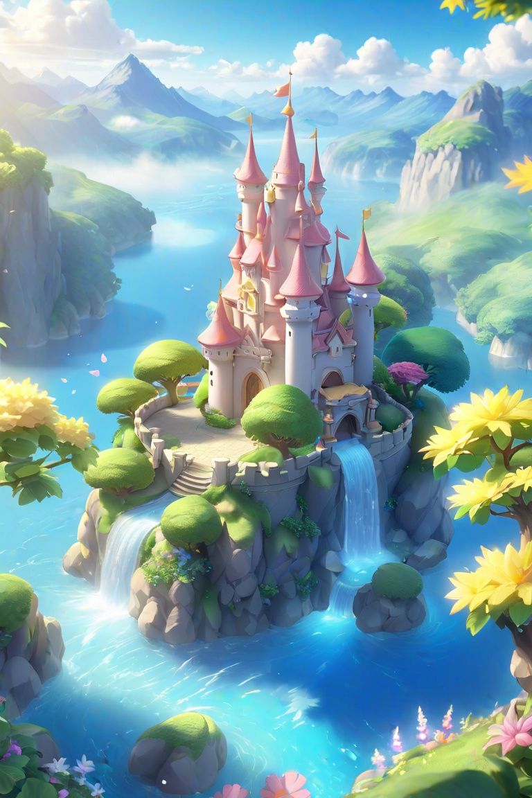 Pokémon style (extremely detailed CG unity 8k wallpaper),(((masterpiece))),(((best quality))),((ultra-detailed)),(best illustration),(best shadow),((an extremely delicate and beautiful)),dynamic angle,floating,The detailed castle,(((the best building))),mist encircles the mountains,fairyland,dynamic angle,classic,(detailed light),feather,nature,(sunlight),river,forest,flowers,beautiful and delicate water,(painting),(sketch),(bloom),(shine), . Vibrant, cute, anime, fantasy, reminiscent of Pokémon series