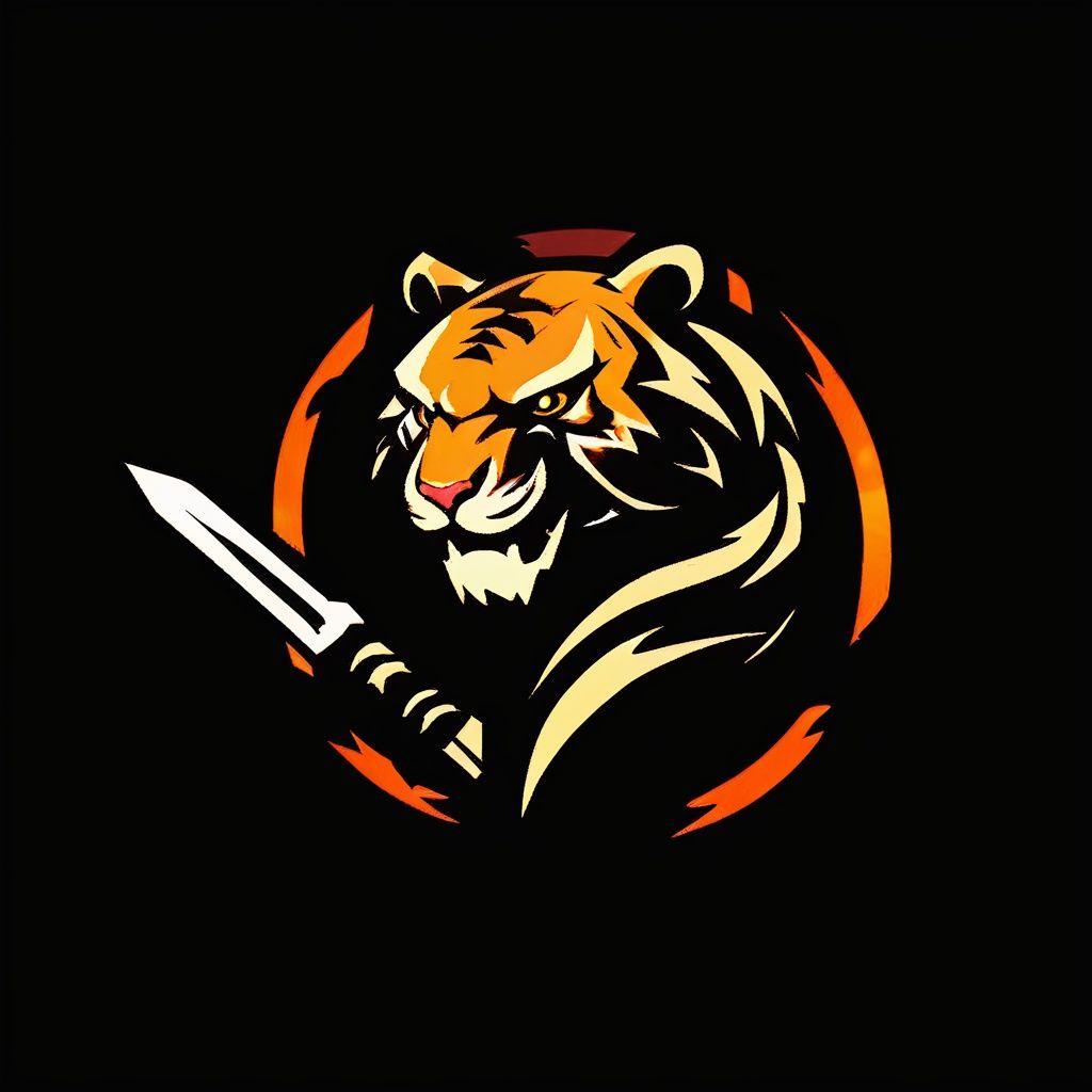 Game silhouette (j/ying), black background, gradient color, a full-body Angle tiger holding a weapon roaring, domineering posture<lora:sdxl_jianyingV5:0.8>