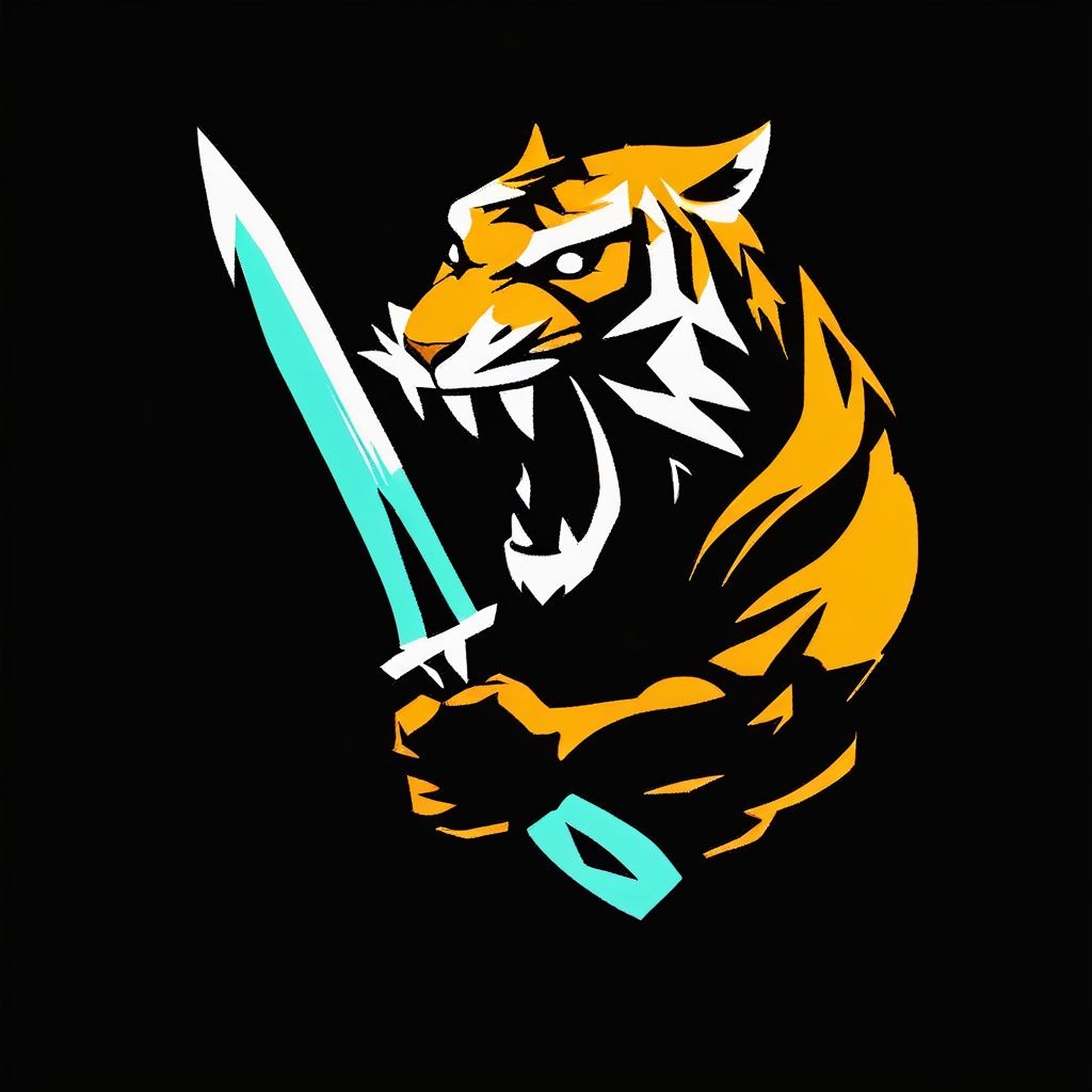 Game silhouette (j/ying), black background, gradient color, a side Angle tiger holding a weapon growling, domineering posture<lora:sdxl_jianyingV5:0.8>