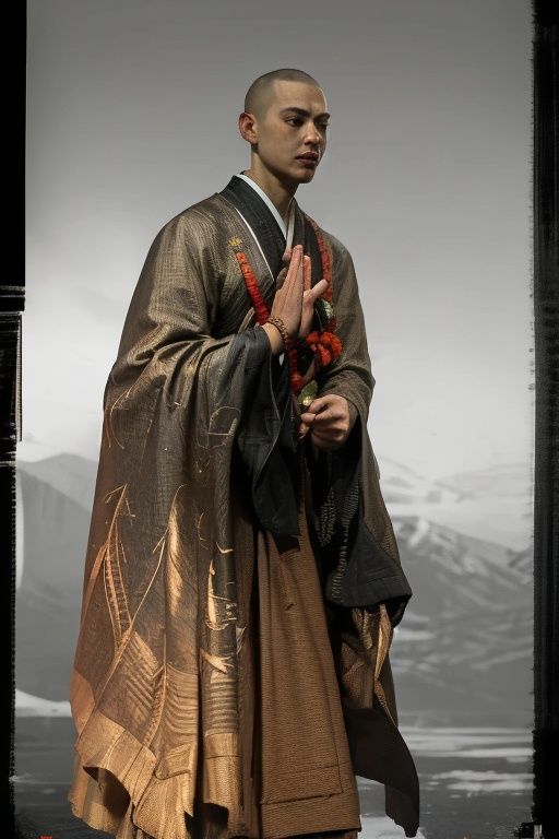 (RAW photo:1.2),(photorealistic:1.4),(masterpiece:1.3),(best quality:1.4),ultra high res,(detailed facial features),HDR,8k resolution,skin tight,(shiny skin),dreamlike,(extreme detailed illustration),check commentary,commentary request,scenery,no text,solo,(1boy:2),0girl:0 ),<lora:羡慕更好的手定位:0.5><lora:苹果屁股:0.4> <lora:高挑,美丽,自信且具有超模比例的女士:0.4>, <lora:monk:1>monk,chinese clothes,(full_body:1.3),