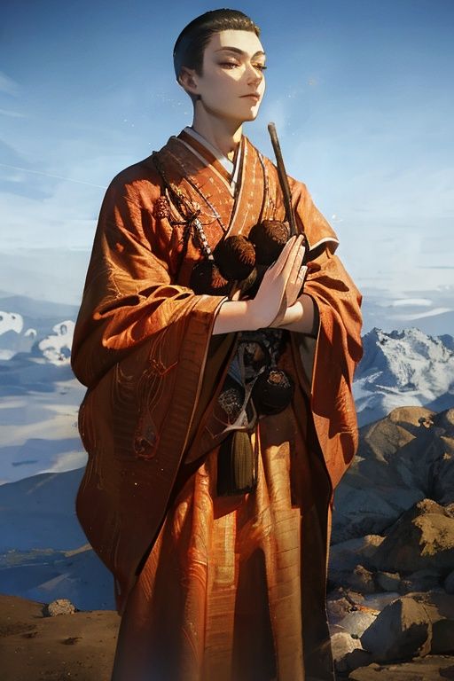 (RAW photo:1.2),(photorealistic:1.4),(masterpiece:1.3),(best quality:1.4),ultra high res,(detailed facial features),HDR,8k resolution,skin tight,(shiny skin),dreamlike,(extreme detailed illustration),check commentary,commentary request,scenery,no text,solo,(1boy:2),0girl:0 ),<lora:羡慕更好的手定位:0.5><lora:苹果屁股:0.4> <lora:高挑,美丽,自信且具有超模比例的女士:0.4>, <lora:monk:1>monk,chinese clothes,(full_body:1.3),