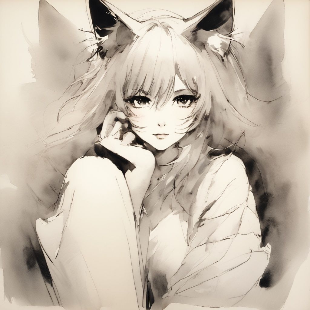 sketch,  monochrome,  a catgirl looking at the viewer by SKBJIJII on Tensor.Art