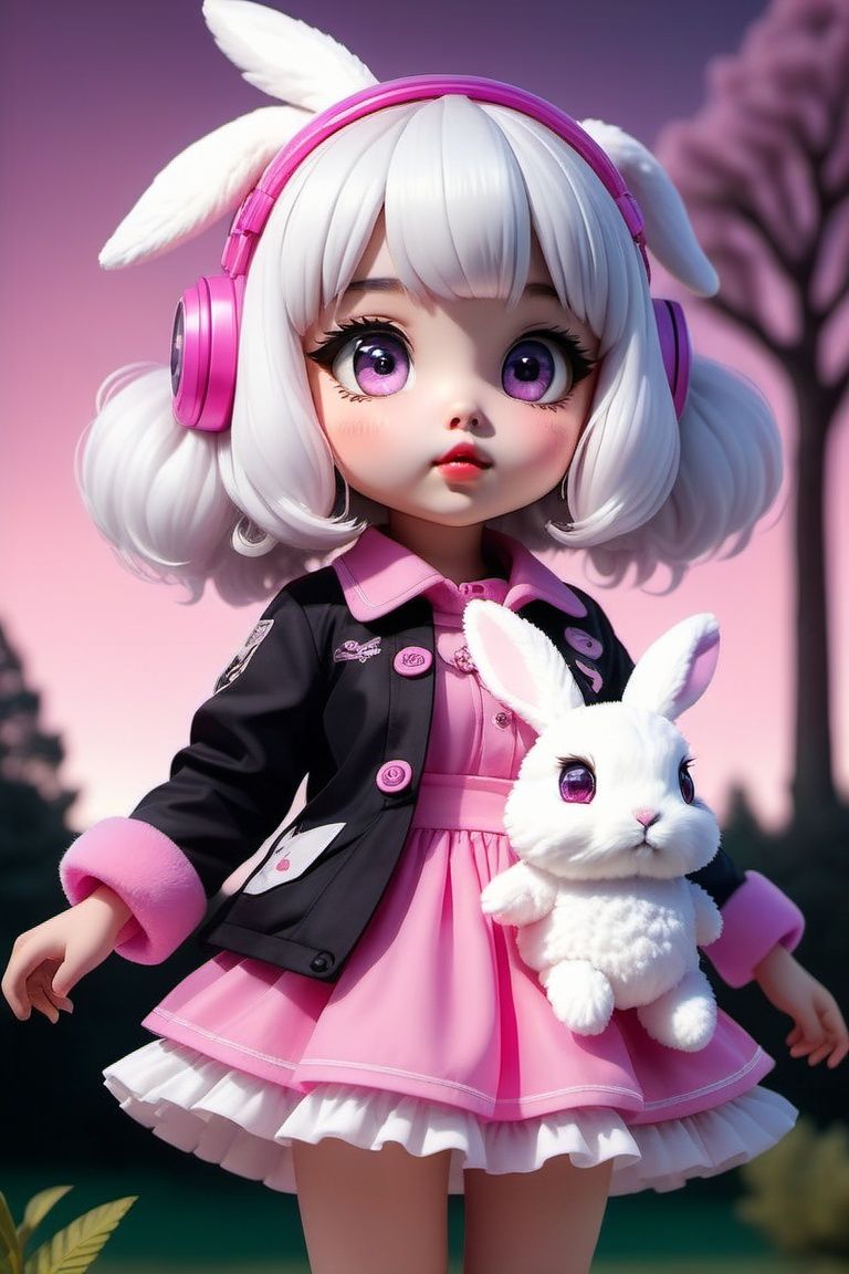 (masterpiece),(best quality),(ultra-detailed), (full body:1.2), 1girl,chibi,cute, outdoors, tree, :3, shirt, (Silver white curly hair), pink helmet with feathers, transparent goggles, black shirt, pink coat, pink short skirt, Holding a rabbit doll in hand, (puckered lips), (Rabbit ear), pink and purple night sky, blurry, bangs, (beautiful detailed face), (beautiful detailed eyes),, 
