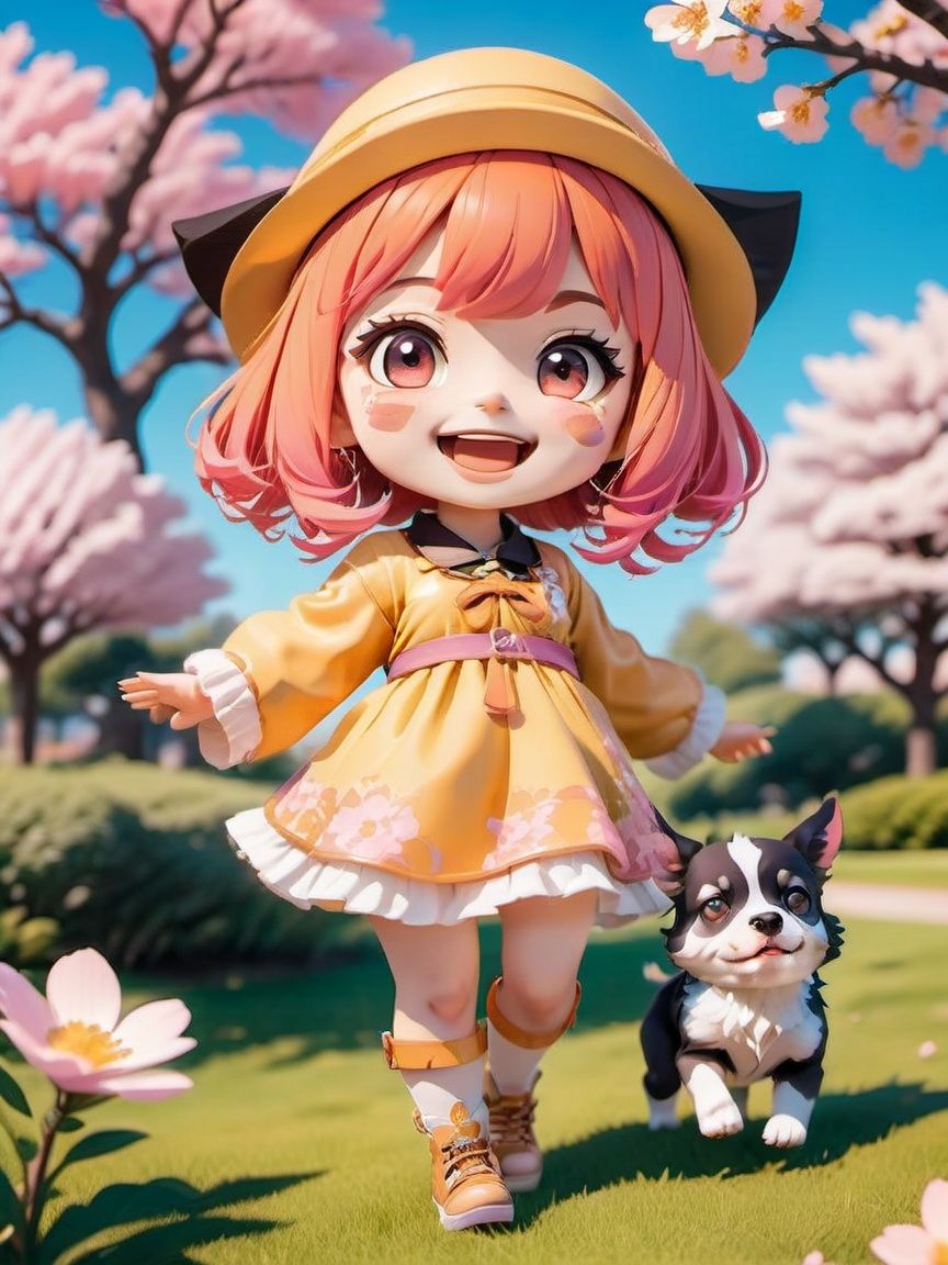 (masterpiece),(best quality),(ultra-detailed),(full body:1.2),ania,chibi,cute,smile,open mouth,flower,outdoors,((playing with a cute dog)),black  beret,sundress,blush,tree,:3,shirt,short hair,cherry blossoms,orange headwear,blurry,brown hair,blush stickers,long sleeves,bangs,pink hair,(yellow flower),(beautiful detailed face),(beautiful detailed eyes),solo,genshin impact,Demon wings,<lora:chibi:0.8>,