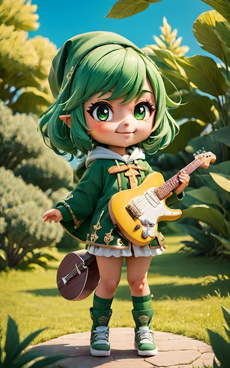 {{masterpiece}}, illustration, {{best quality}}, full body, chibi, 1girl, solo, nahida_genshin, cross-shaped pupils, default_dress, green cape, standing, cute, smile, stretch, look at viewer, outdoor, hoodie, {playing guitar}, 