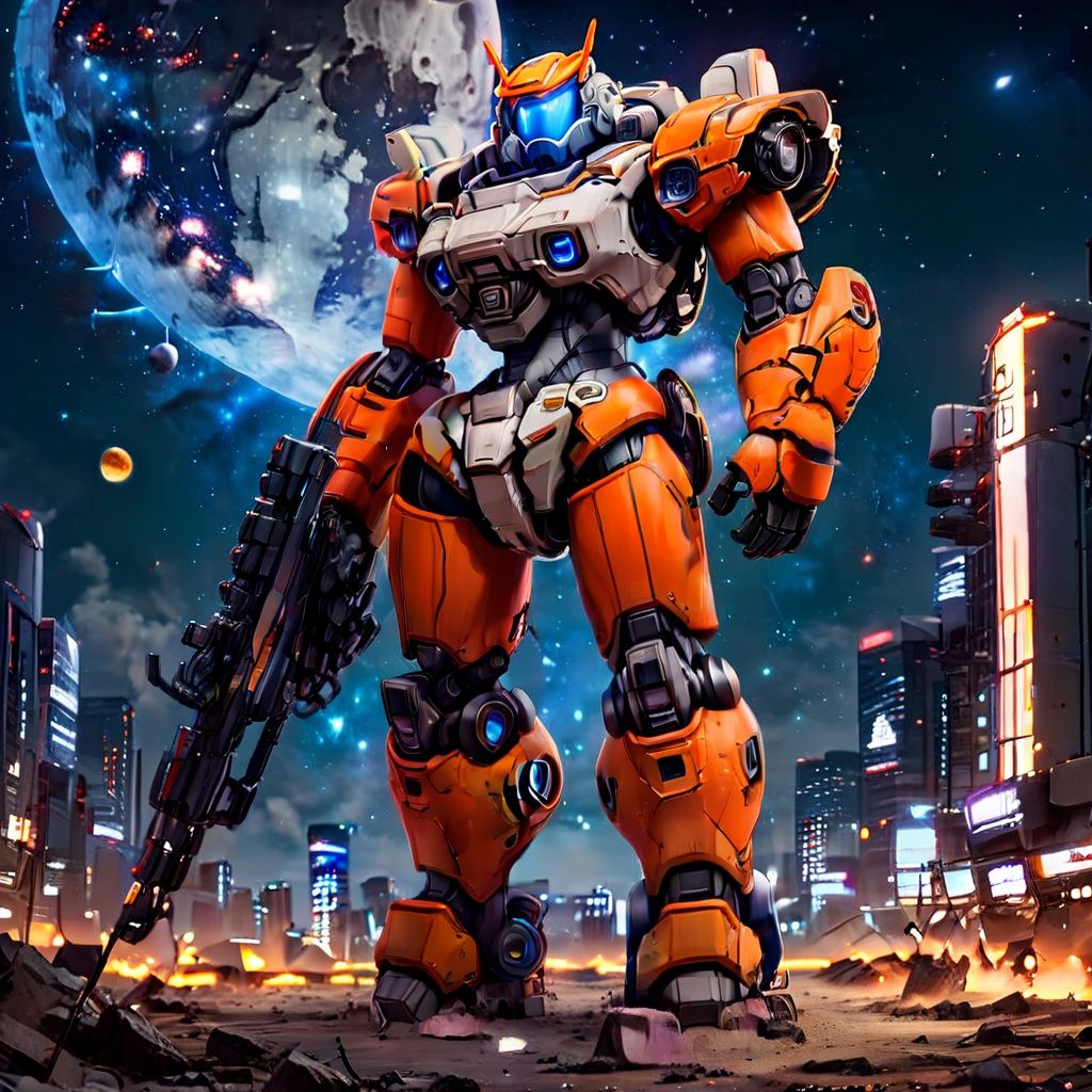 masterpiece, best quality, 8k, cinematic light, ultra high res, chibi, full body, , On the moon,barren planets, ruins, holding_weapon, no_humans, glowing, robot, building, glowing_eyes,orange mecha, science_fiction, city, realistic,mecha,Milky Way Galaxy background,full body,neon,cyberpunk,