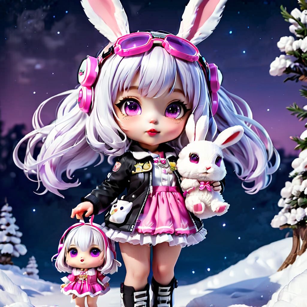 (masterpiece),(best quality),(ultra-detailed), (full body:1.2), 1girl,chibi,cute, outdoors, tree, :3, shirt, (Silver white curly hair), pink helmet with feathers, transparent goggles, black shirt, pink coat, pink short skirt, Holding a rabbit doll in hand, (puckered lips), (Rabbit ear), pink and purple night sky, blurry, bangs, (beautiful detailed face), (beautiful detailed eyes),, 
