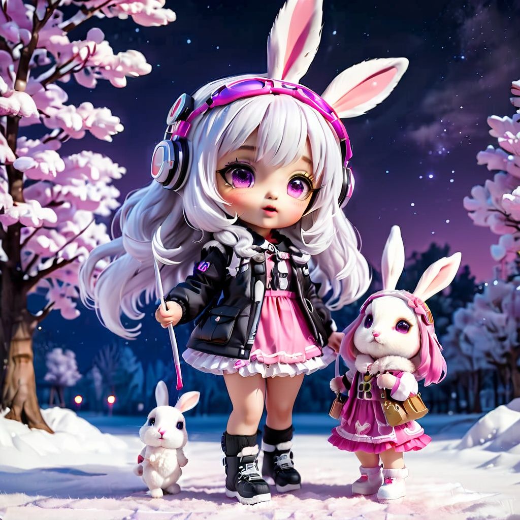 (masterpiece),(best quality),(ultra-detailed), (full body:1.2), 1girl,chibi,cute, outdoors, tree, :3, shirt, (Silver white curly hair), pink helmet with feathers, transparent goggles, black shirt, pink coat, pink short skirt, Holding a rabbit doll in hand, (puckered lips), (Rabbit ear), pink and purple night sky, blurry, bangs, (beautiful detailed face), (beautiful detailed eyes),, 
