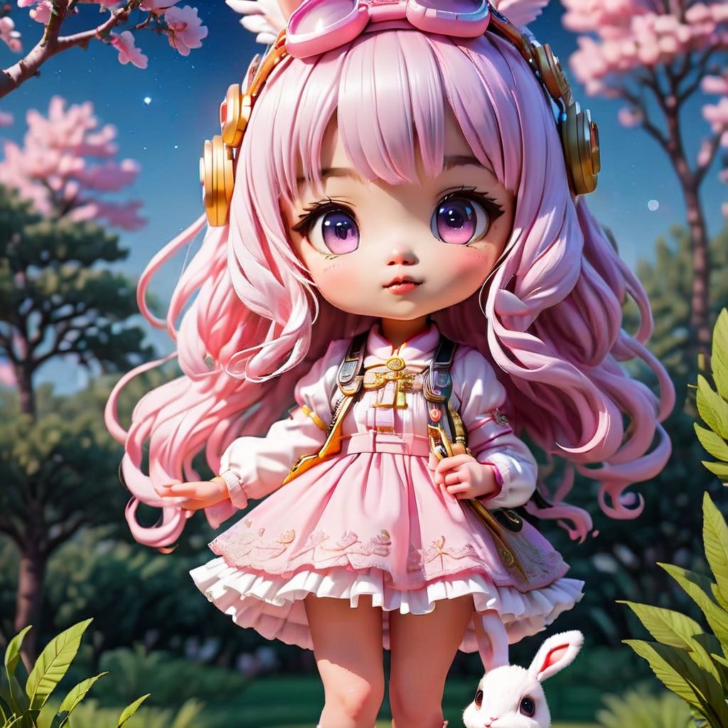(masterpiece),(best quality),(ultra-detailed), (full body:1.2), 1girl,chibi,cute, outdoors, tree, :3, shirt, (Silver white curly hair), pink helmet with feathers, transparent goggles, black shirt, pink coat, pink short skirt, Holding a rabbit doll in hand, (puckered lips), (Rabbit ear), pink and purple night sky, blurry, bangs, (beautiful detailed face), (beautiful detailed eyes),, 
