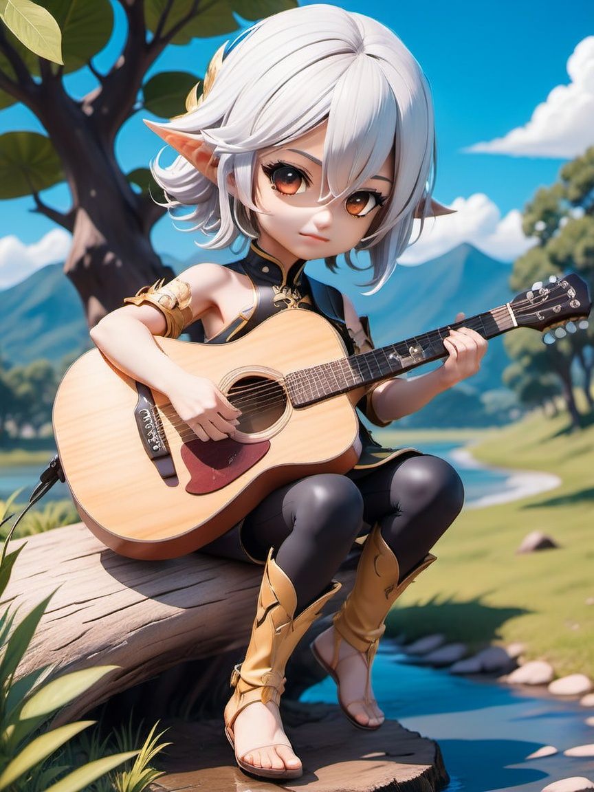 {{masterpiece}},illustration,{{best quality}},chibi,full body,(playing guitar:1.2),(shenhe:1.3),hair over one eye,shenhe (genshin impact),at the foot is a small stream,sitting on a withered tree trunk,1girl,solo,head tilt,default_dress,white hair,sitting,cute,look at viewer,<lora:chibi:0.7>,