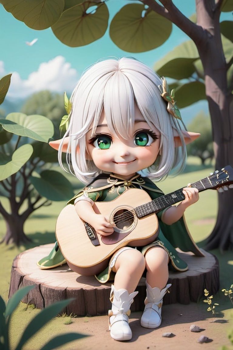 {{masterpiece}},illustration,{{best quality}},chibi,full body,(playing guitar:1.2),at the foot is a small stream,sitting on a withered tree trunk,1girl,solo,head tilt,nahida_genshin,cross-shaped pupils,default_dress,white hair,green cape,sitting,cute,smile,look at viewer,
,