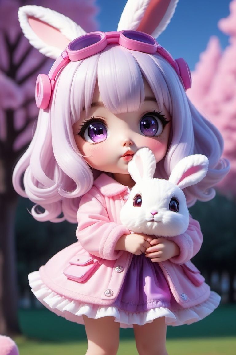 (masterpiece),(best quality),(ultra-detailed), (full body:1.2), 1girl,chibi,cute, outdoors, tree, :3, shirt, (Silver white curly hair), pink helmet with feathers, transparent goggles, black shirt, pink coat, pink short skirt, Holding a rabbit doll in hand, (puckered lips), (Rabbit ear), pink and purple night sky, blurry, bangs, (beautiful detailed face), (beautiful detailed eyes),, 

