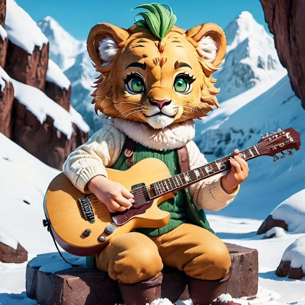 8k,best quality,masterpiece,portrait,seductive,looking at viewer,
(by taran fiddler),(by darkgem:0.8),(by chunie:1),(holding electric guitar),
(anthro claycalloway:1.2),dark green hair,lion,(male),detailed fur,tough guy,handsome,white sweater,(detailed pixar eyes:1.2),detailed eyes,
singing,mouth open,sitting,relaxed,
Snowy mountain passes,frozen lakes,ice caves,skiing opportunities,winter wonderland,pristine landscapes,
,,,chibi,
