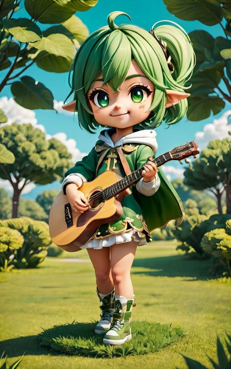 {{masterpiece}}, illustration, {{best quality}}, full body, chibi, 1girl, solo, nahida_genshin, cross-shaped pupils, default_dress, green cape, standing, cute, smile, stretch, look at viewer, outdoor, hoodie, {playing guitar}, 