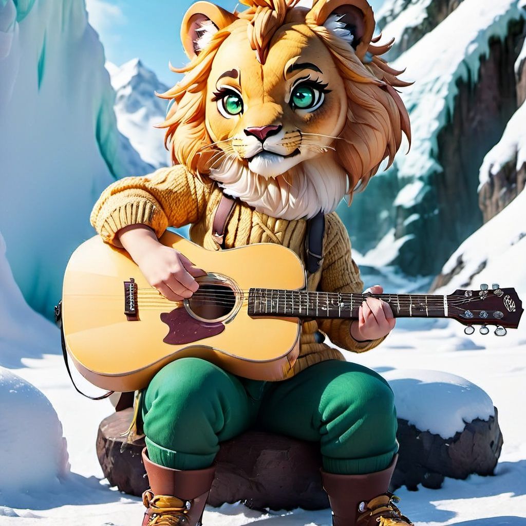 8k,best quality,masterpiece,portrait,seductive,looking at viewer,
(by taran fiddler),(by darkgem:0.8),(by chunie:1),(holding electric guitar),
(anthro claycalloway:1.2),dark green hair,lion,(male),detailed fur,tough guy,handsome,white sweater,(detailed pixar eyes:1.2),detailed eyes,
singing,mouth open,sitting,relaxed,
Snowy mountain passes,frozen lakes,ice caves,skiing opportunities,winter wonderland,pristine landscapes,
,,,chibi,
