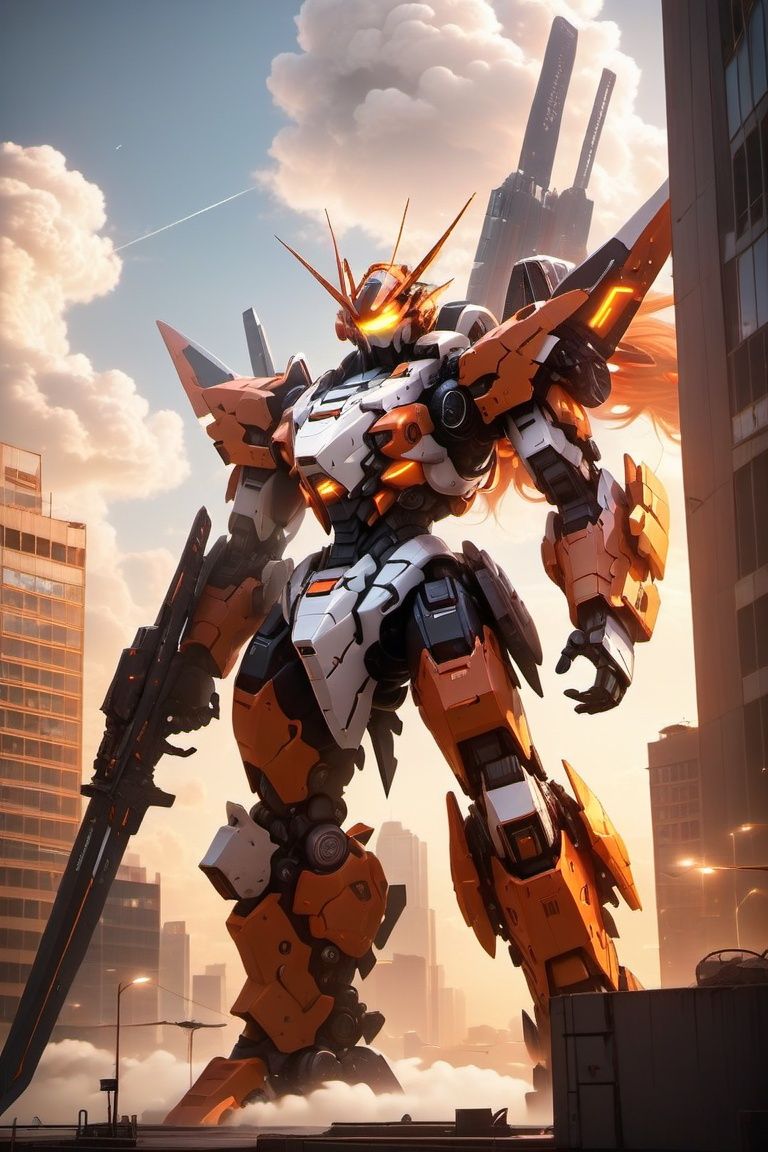 sky, cloud, holding_weapon, no_humans, glowing, , robot, building, glowing_eyes, mecha, science_fiction, city, realistic,light orange mecha
Negative prompt: hair, (worst quality, low quality:1.4), (bad_prompt_version2:0.8), EasyNegative, badhandv4, text, name, letters, watermark,han