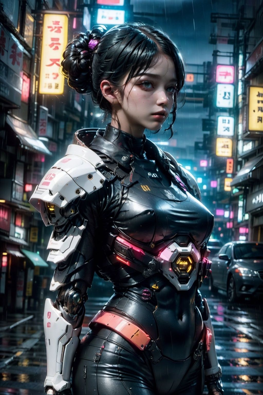 masterpiece,best quality,(photorealistic:1.4),(ultra detailed:1.3),unity 8k wallpaper,1girl,(mecha:1.3),realistic:1.3), finely detailed, quality, rembrandt lighting, (masterpiece:1.2), (photorealistic:1.2), (best quality), (detailed skin:1.3), (intricate details), dramatic, ray tracing, 1girl, Japanese girl, 21 years old, updo hair, medium breasts, android, shoulder armor, upper armor, full armor, mechanical arms, neo-tokyo, cyberpunk, neon lights, (vibrant colors), rain, water, wet, puddles, (hero view:1.2), hair bun, weapon, breasts, armor, black hair, outdoors, night, gun, shoulder armor, motor vehicle, car, street, lips, holding, ground vehicle, single hair bun, cape, road, earrings, jewelry, medium breasts, bodysuit, cyberpunk, solo, gauntlets, mechanical arms, skin tight, blurry background, blurry, looking at viewer, covered navel, holding weapon, holding gun, realistic, city, covered nipples, standing, braid, closed mouth, pauldrons, rain, building, prosthetic arm, short hair, solo focus, cowboy shot, science fiction, single mechanical arm, cyborg, gloves, prosthesis, blue eyes, nose, neon lights,PRG1