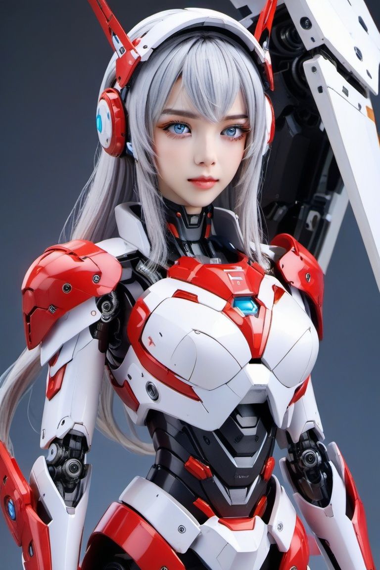 best quality, masterpiece, realistic,.photo,echa musume, mechanical parts, robot joints, headgear, full armor,1girl, solo, (masterpiece, best quality, high quality, highres, ultra-detailed),1girl, solo, breasts, long hair, blue eyes, robot joints, mecha musume, looking at viewer, android, joints, medium breasts, headgear, bangs, grey hair, bodysuit, armor, mechanical legs, white background, cable, parted lips, white hair, science fiction, blush, mechanical arms, simple background,han