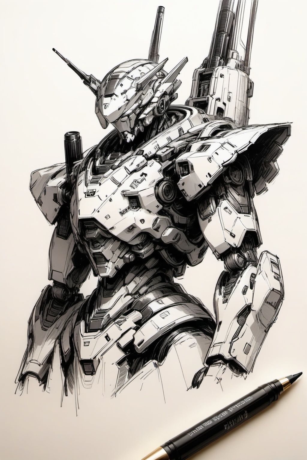 masterpiece,best quality,(photorealistic:1.4),(ultra detailed:1.3),unity 8k wallpaper,penSketch_style, monochrome, ink sketch,high quality,masterpiece, 1boy,mecha,robot, pensketch without 
 pen