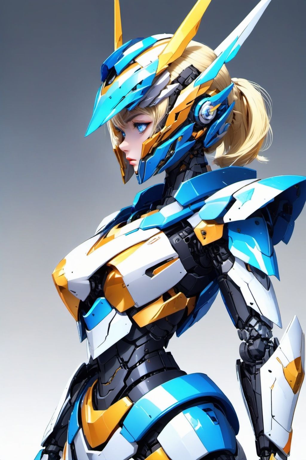 masterpiece,best quality,(photorealistic:1.4),(ultra detailed:1.3),unity 8k wallpaper,mecha musume, mechanical parts, robot joints, headgear, full armor,1girl, solo, (masterpiece, best quality, high quality, highres, ultra-detailed),color_theme,mecha musume, mechanical parts, robot joints,headgear,full armor,1girl, solo, blue eyes, blonde hair, mecha musume, breasts, joints, ponytail, robot joints, looking at viewer, gradient, armor, medium breasts, headgear, closed mouth, science fiction, from side, profile, mechanical parts, lips