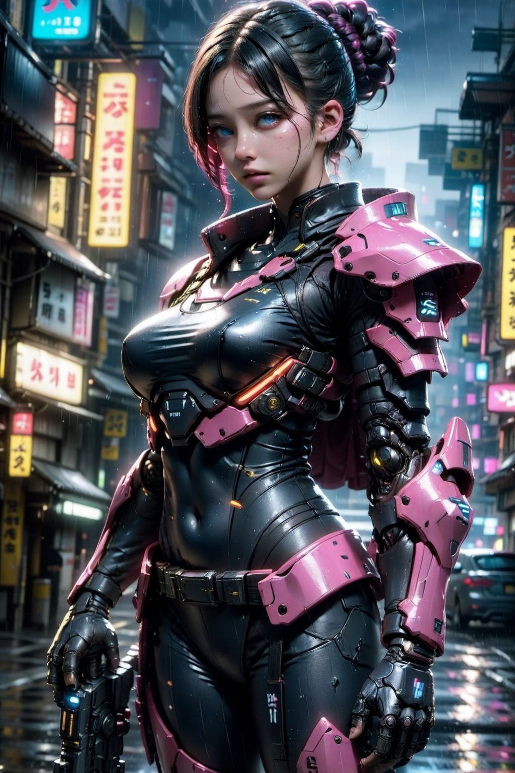(large breasts:1.4),masterpiece,best quality,(photorealistic:1.4),(ultra detailed:1.3),unity 8k wallpaper,1girl,(mecha:1.3),realistic:1.3), finely detailed, quality, rembrandt lighting, (masterpiece:1.2), (photorealistic:1.2), (best quality), (detailed skin:1.3), (intricate details), dramatic, ray tracing, 1girl, Japanese girl, 21 years old, updo hair, medium breasts, android, shoulder armor, upper armor, full armor, mechanical arms, neo-tokyo, cyberpunk, neon lights, (vibrant colors), rain, water, wet, puddles, (hero view:1.2), hair bun, weapon, breasts, armor, black hair, outdoors, night, gun, shoulder armor, motor vehicle, car, street, lips, holding, ground vehicle, single hair bun, cape, road, earrings, jewelry, medium breasts, bodysuit, cyberpunk, solo, gauntlets, mechanical arms, skin tight, blurry background, blurry, looking at viewer, covered navel, holding weapon, holding gun, realistic, city, covered nipples, standing, braid, closed mouth, pauldrons, rain, building, prosthetic arm, short hair, solo focus, cowboy shot, science fiction, single mechanical arm, cyborg, gloves, prosthesis, blue eyes, nose, neon lights,PRG1