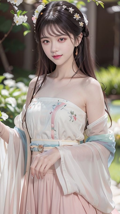 (((135mm))),(bokeh:2.0)(upper body:1.8),see through dresses,best quality, ultra high res, (photorealistic:1.4),tang style,(lake,forest,tree,too many flowers,white cloud, snow mountain faraway:1.6),sunlight,outdoors, 1girl,solo,beautiful face, beautiful eyes,small breasts, white long upper shan,multicolour chest ru skirt, multicolour chest pleated skirt,red waistband,smile, straight-on, wide eyed,looking at viewer,The wind blows hair,picture-perfect face,  extremely detailed eyes and face, beautiful detailed eyes,light on face,best quality, ultra high res, (photorealistic:1.4)narrow waist,alluring, clean, beautiful face, pure face, pale skin, absurdly long hair,ivine goddess, shiny skin, skindentation,dream,illusion,rich expression,illustration,perfect skin,gorgeous,pure,beautiful detailed face and eyes,colorful,clear sharp focus,official wallpaper, official art,volumetric lighting,soft lights,cinematic lighting,cinematic effects,wallpaper,Megapixel,highres,Intricate details,ultra detailed,best quality,light on face,shaded face,(realistic),, pureerosface_v1:0.8,   <lora:hanfuTang_v32:0.3> <lora:GZFace_V1.0guzhuanglianbu:0.9> 