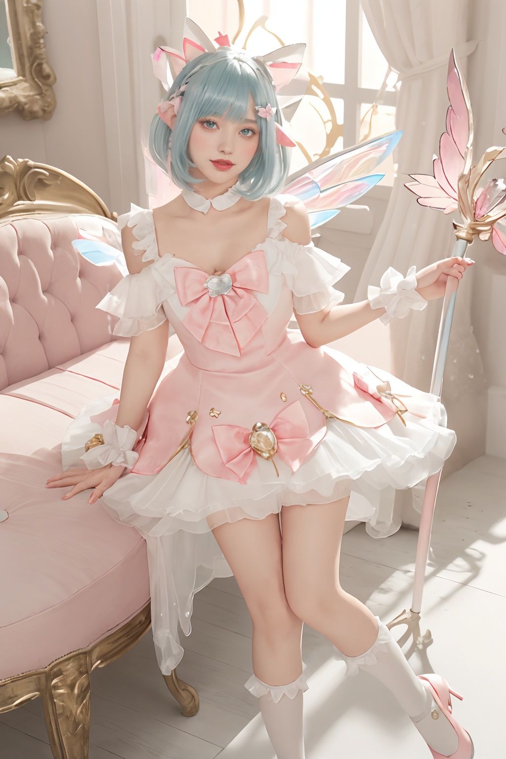 1girl,solo,dress,wings,bug,butterfly,socks,holding,animal ears,flower,hair ornament,kneehighs,looking at viewer,staff,high heels,bare shoulders,blue footwear,short hair,shoes,bangs,pink dress,full body,white dress,white socks,smile,pink eyes,holding staff,red eyes,hairclip,couch,frills,wrist cuffs,lips,pink bow,hair between eyes,open mouth,indoors,pink hair,bow,blue hair,ribbon,medium hair,off-shoulder dress,standing,frilled socks,sitting,frilled dress,rabbit ears,parted lips,rose,multicolored hair,white flower,white wings,chair,wand,off shoulder,jewelry,feathered wings,magical girl,grey hair,artist name,hair ribbon,green hair,pink lips,clothing cutout,aqua hair,gem,hair flower,short sleeves,hair bow,choker,skirt,white butterfly,knees together feet apart,pink ribbon,braid,short dress,pink flower,sleeveless dress,x hair ornament,butterfly wings,scepter,blush,sleeveless,shoulder cutout,teeth,signature,holding wand,armchair,:d,breasts,gradient hair,long hair,on couch,closed mouth,detached sleeves,gloves,angel wings,eyelashes,mini wings,picture frame,makeup,tail,black footwear,pillow,dated,see-through,lipstick,fantasy,crystal,nail polish,fairy,white bow,earrings,fingernails,light particles,upper teeth only,pink nails,pointy ears,feet out of frame,head wings,purple eyes,puffy sleeves,cat ears,dress bow,light rays,mary janes,blue butterfly,collarbone,brown eyes,pink rose,sidelocks,feathers,red lips,table,animal ear fluff,star (symbol),heart,bob cut,cushion,white hair,mole under eye,looking to the side,sparkle,leaning forward,plant,detached wings,two-tone dress,watermark,shirt,avatar (ff14),mole,legs,white rose,puffy short sleeves,halterneck,petals,frilled sleeves,streaked hair,medium breasts,light blue hair,realistic,shiny,detached collar,wing hair ornament,nose,lace,two-tone hair,mirror,brooch,white choker,frilled skirt,leaf,bowtie,animal,white ribbon,aqua footwear,halo,white skirt,fingerless gloves,pink theme,white gloves,yellow butterfly,rabbit,on chair,weibo username,pink shirt,horns,pink wings,winged footwear,necklace,lace trim,small breasts,pink bowtie,green footwear,bare legs,sunlight,thighs,floral print,elin,vase,petticoat,swept bangs,gradient dress,pearl (gemstone),weapon,lamp,knees,book,glowing,standing on one leg,wooden floor,curtains,crescent,bed,angel,cleavage cutout,hairband,platform footwear,bobby socks,painting (object),bird ears,pink skirt,shiny hair,tassel,holding weapon,alternate costume,hands up,bell,fairy wings,virtual youtuber,twitter username,hand up,cleavage,light smile,ankle strap,strappy heels,pigeon-toed,yellow flower,pumps,weibo logo,frilled cuffs,ahoge,glint,wristband,pom pom (clothes),light,white shirt,collar,bouquet,glowing butterfly,blunt bangs,twintails,layered dress,strapless dress,wall,box,<lora:yao_2版14:0.6>,yao,