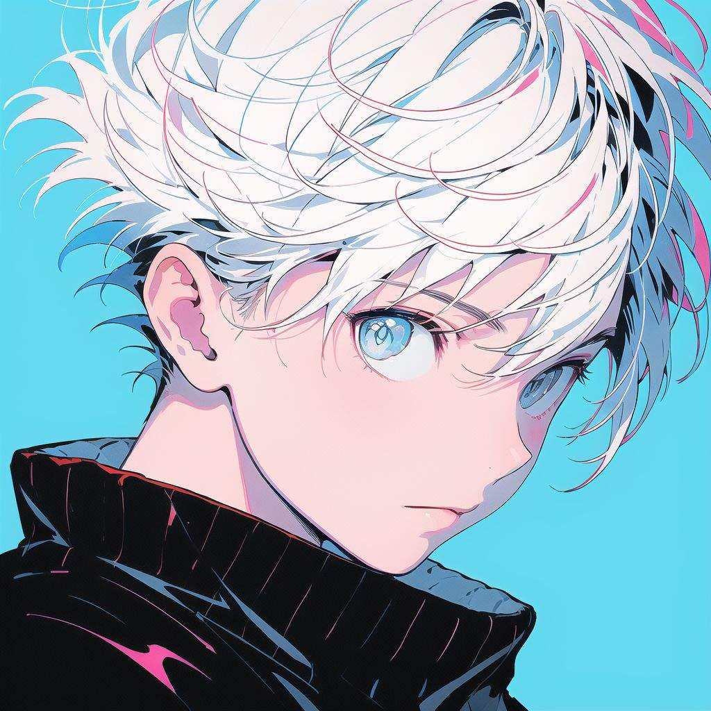 portrait, neon color, 1boy, short hair, blue background  <lora:touxi3-000018:0.6>
