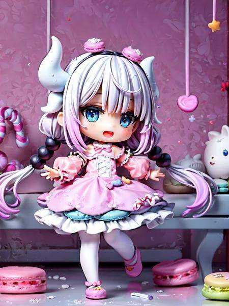 <lora:Kanna5-15:0.8>,<lora:chibi-v1:0.7>,(masterpiece),(best quality),HDR,intricate detail,1girl,solo focus,skindentation,perfect face,puffy face,beautiful face,big eyes,puffy eyes,perfect eyes,eyelashes,<lora:add_detail:1>,(ultra high res, highly detailed back ground, official art, cinematic lighting),chibi,kannakamui,dress,thighhighs,dragon horns,hair beads,low twintails,8k,cinematic light,chibi,1girl,smile,open mouth,long hair,braid,solo,long sleeves,stuffed toy,stuffed animal,twin braids,bangs,full body,standing,puffy long sleeves,puffy sleeves,(((( pink kawaii room )))),((((pink gothic room)))),(((messy room, Marchen ,macarons,Candy,heart item,ribbon,star item, small window))),((Miscellaneous goods are placed in a mess:1.5)),dresser,antimacassar,