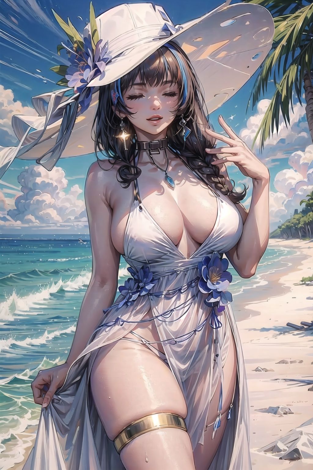 (((extremely detailed CG))), ((8k_wallpaper)),masterpiece,best quality,hyper detailed,cowboy shot,depth_of_field,cinemaitic lighting,

mary, closed eyes,(beautiful detailed hair),black hair, very long hair,big breasts,cleavage

dress swimsuit, sun hat, necklace, jewelry, thigh strap

flirty smile,looking at viewer,

sea,beach,coconut tree