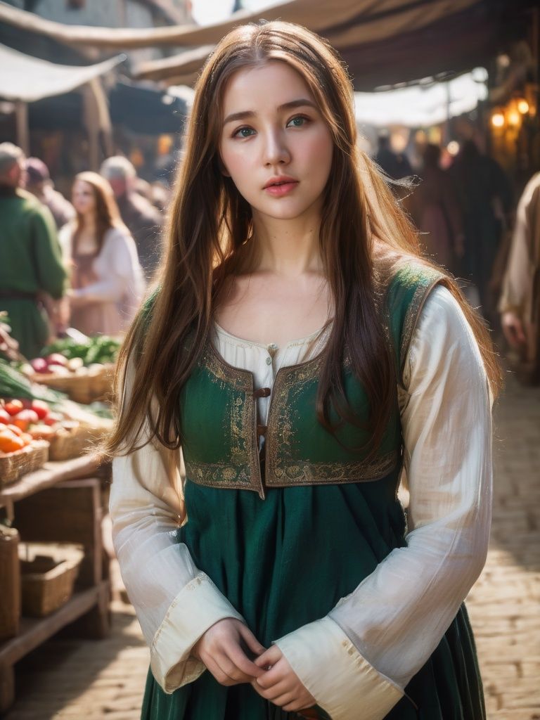 A pretty girl in a crowded medieval market,  market vendors,  upper body by Hex4 on Tensor.Art