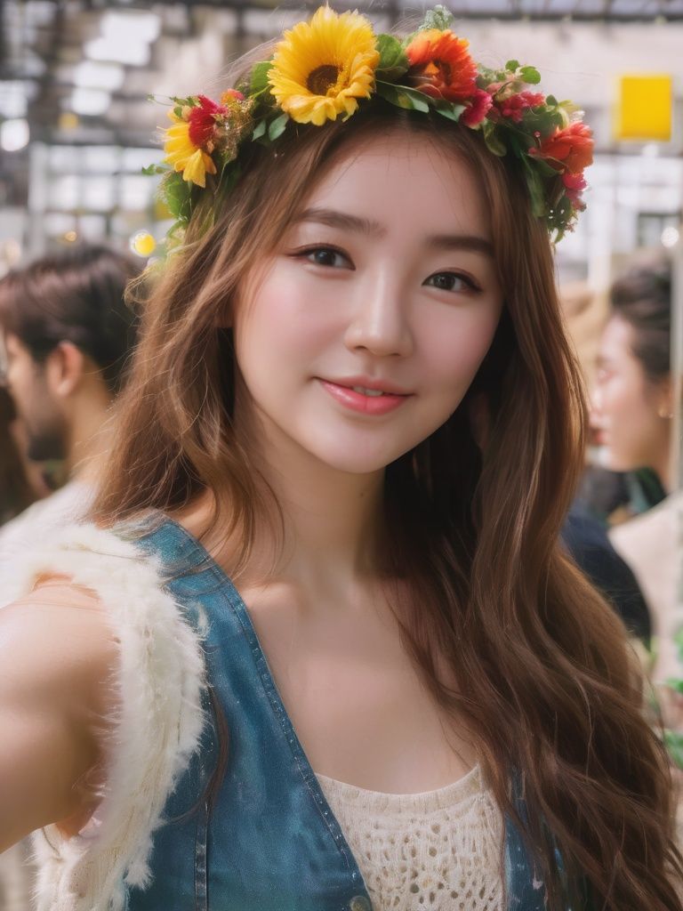 A pretty girl in a crowded luxury market,  wear a flower crown,  smiling by Hex4 on Tensor.Art